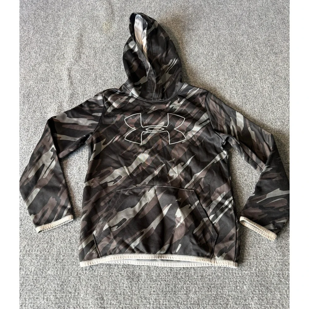 Under Armour Boys ColdGear Camo Hoodie Sweatshirt Gray Black YMD Medium 1631‎